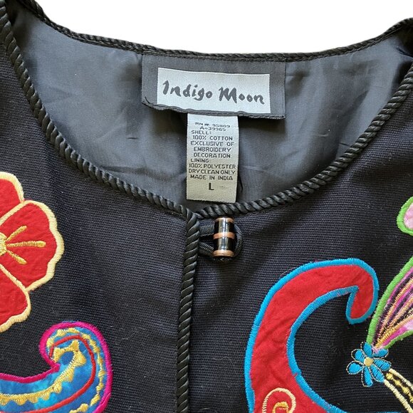 Indigo Moon Flower Applique Jacket Glass Buttons Black with Colorful Floral - Picture 7 of 7